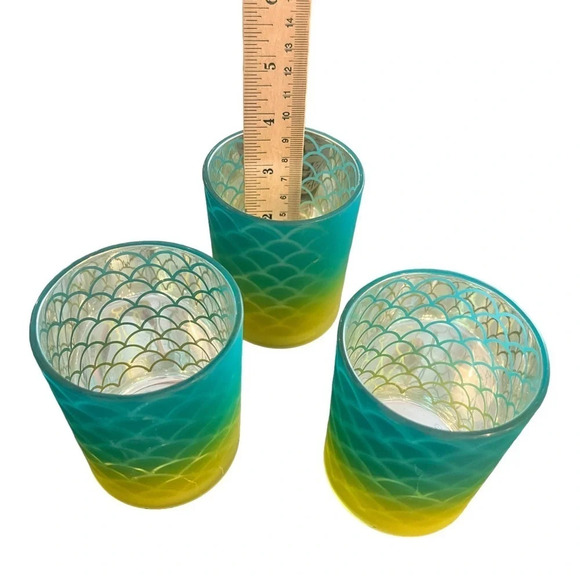 Three Mermaid 4” Votive Holders Cups New Graded Color Green Yellow Silver - Picture 6 of 7